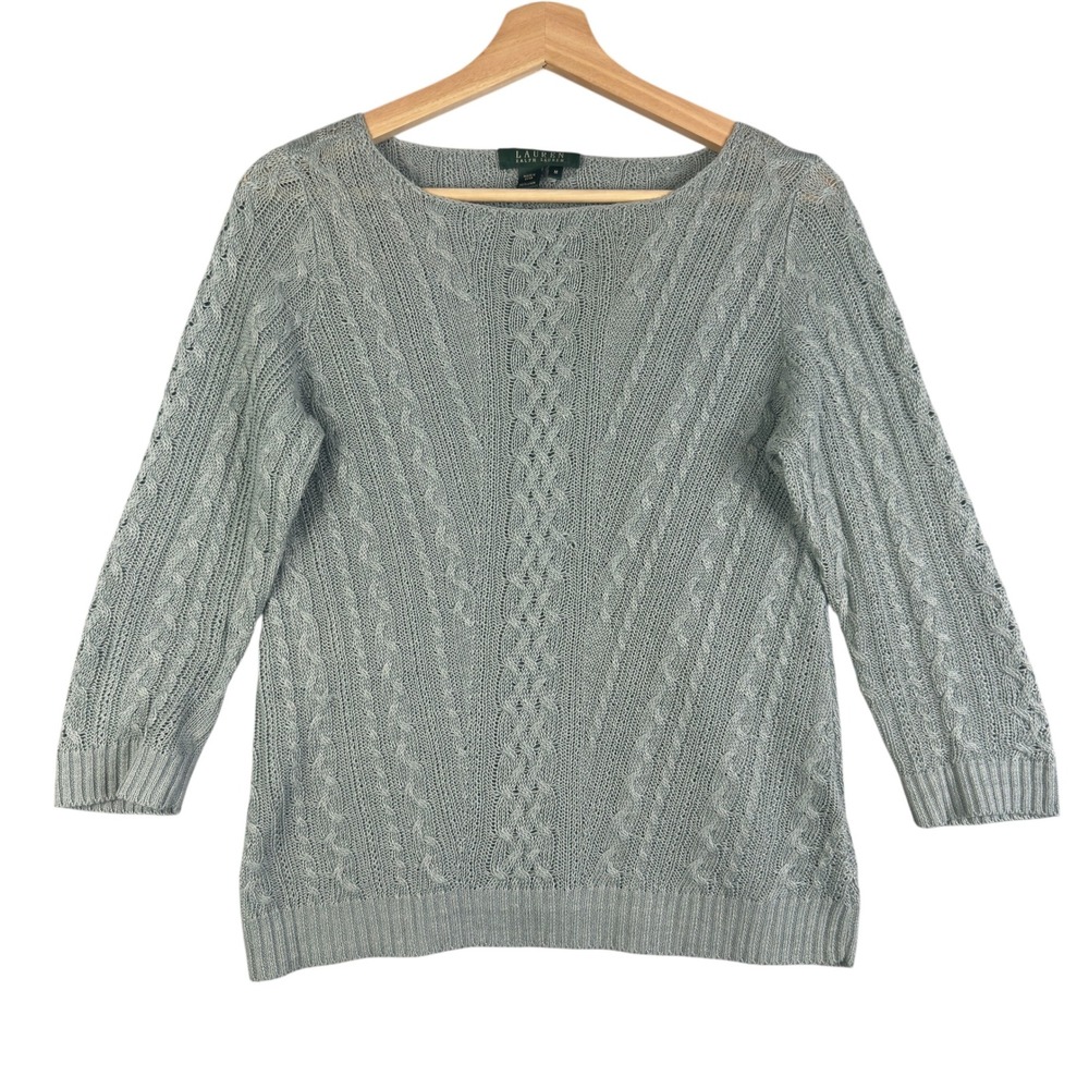 Lauren Ralph Lauren Women's Gray Cable Knit Linen Boat Neck 3/4 Sleeve Sweater M